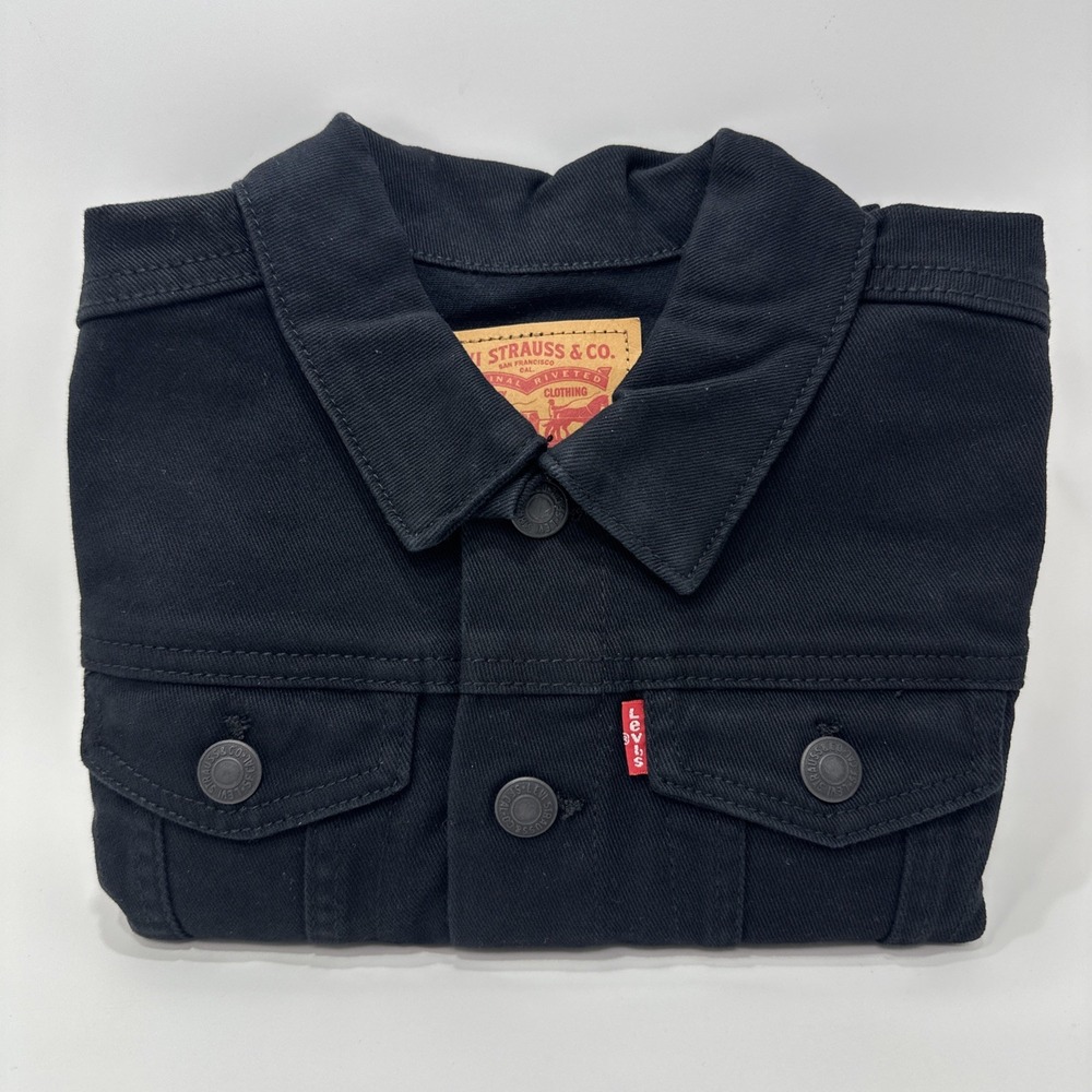 Levis Trucker Jacket Kids Size 6 Black Denim Stretch Classic Red Tab Button Up